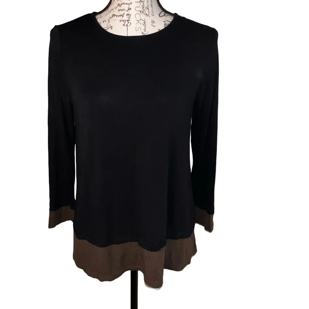 J.Jill wearever, SP, black contrast brown hem/cuff long sleeve stretch tunic 
